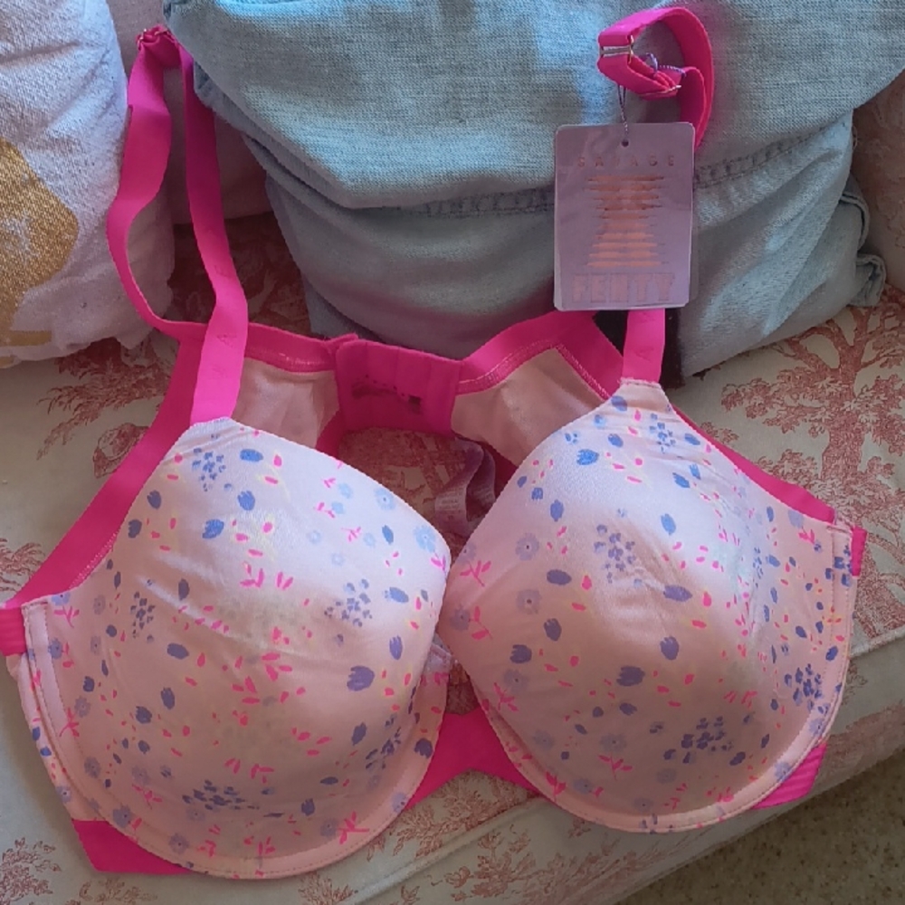 Savage X Fenty Pink and Blue Floral Lightly Padded T-Shirt Bra